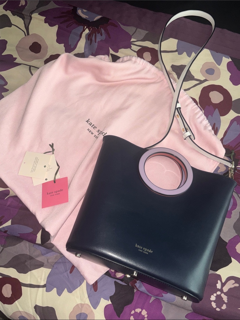 Kate Spade Betty Navy Leather Shoulder Bag with Pink Handle Detail